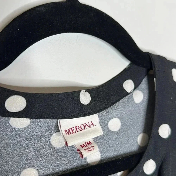 MERONA BLACK AND WHITE POLKA DOT SHIRT DRESS SIZE MEDIUM BUTTON DOWN LONG SLEEVE - Picture 6 of 10